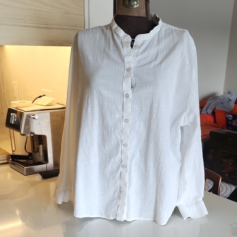 White Linen Blend Women's Shirt with Mandarin Collar